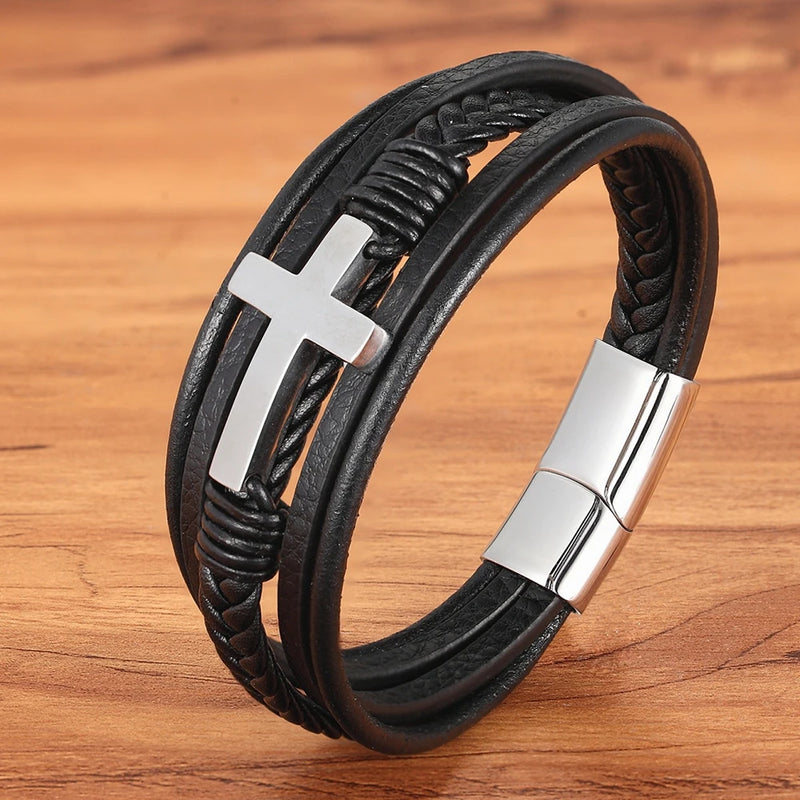 Pulseira Masculina em couro SIMPLE CROSS | XQNI