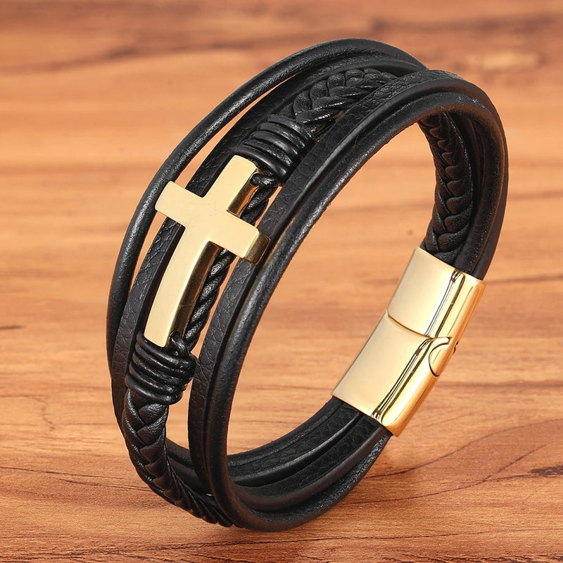 Pulseira Masculina em couro SIMPLE CROSS | XQNI