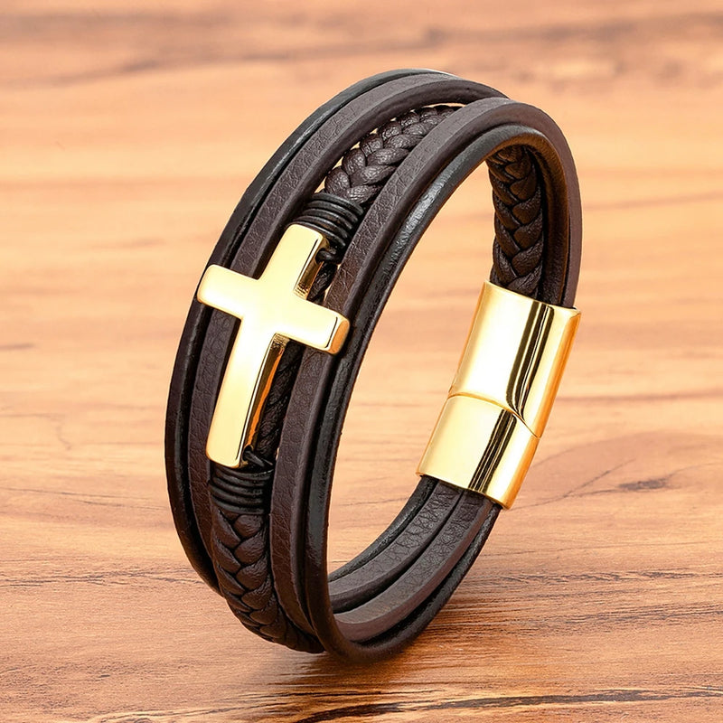 Pulseira Masculina em couro SIMPLE CROSS | XQNI