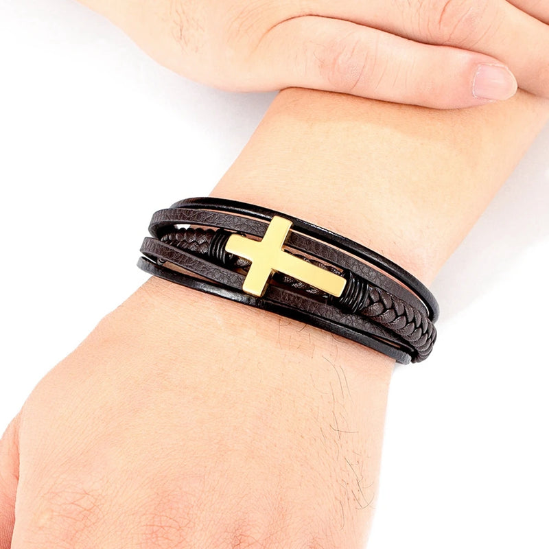 Pulseira Masculina em couro SIMPLE CROSS | XQNI