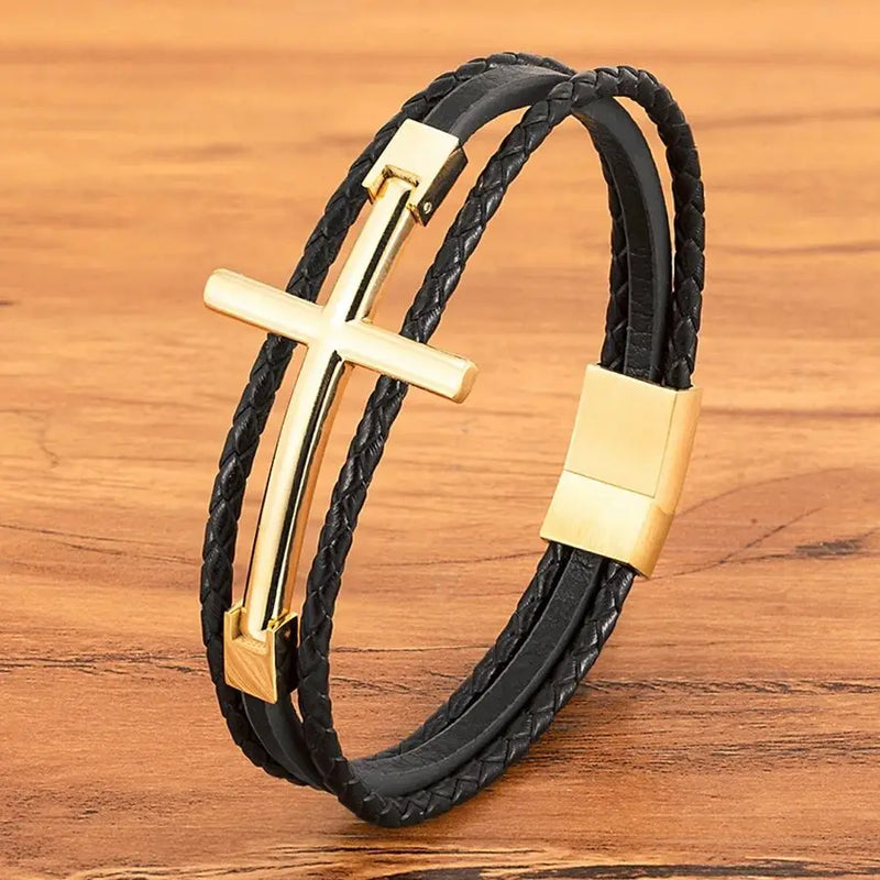 Pulseira de Couro e Aço CRUZ DE CRISTO | XQNI